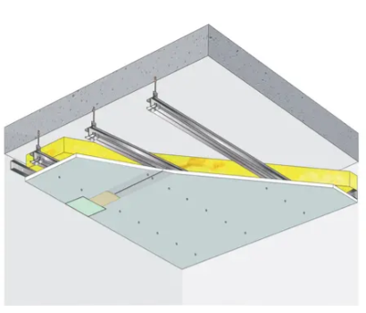 Schéma d’isolation sous plancher béton avec ossature suspendue, isolant thermique et plaques de plâtre.