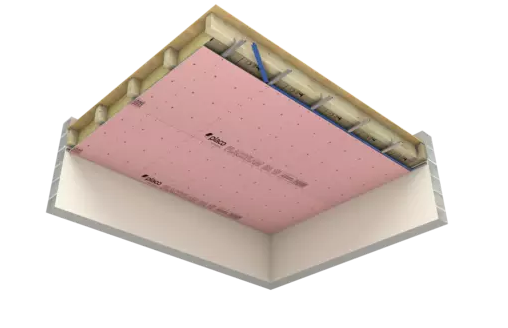 Schéma en coupe d’un plafond coupe-feu avec ossature métallique, isolant et plaque de plâtre résistante au feu.